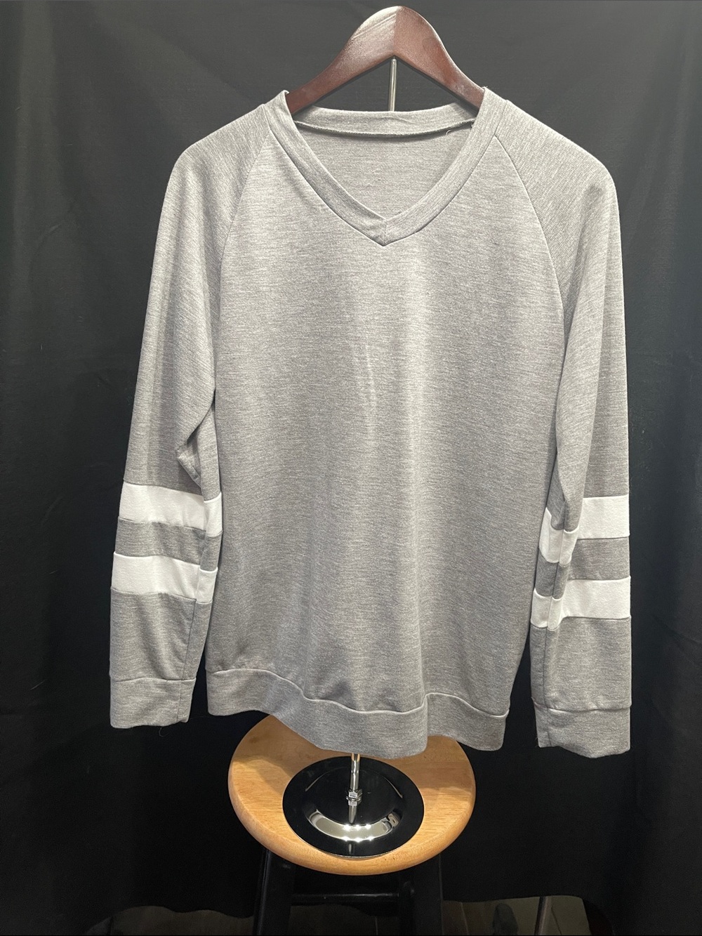 Women's Heather Gray V-Neck Sweater with White Sleeve Stripes
